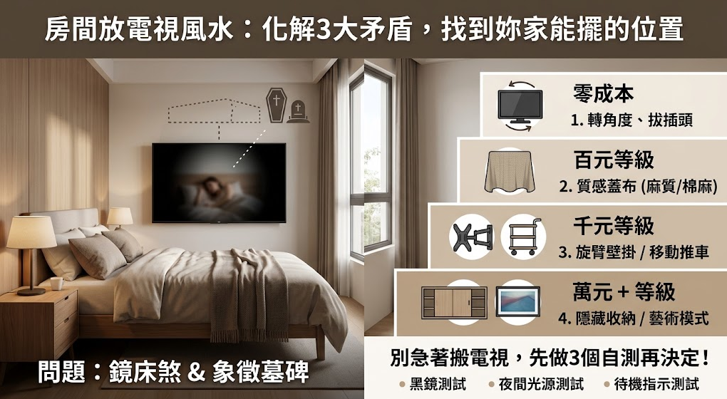 這是一張探討「房間放電視風水」禁忌與化解實務的綜合圖解。左側畫面點出電視螢幕反射的「鏡床煞」與宛如墓碑的壓迫感等常見問題；右側則依據花費高低，提供從零成本的轉向拔插頭、百元質感蓋布，到千元旋臂壁掛與萬元隱藏收納等四個等級的實用對策，引導讀者先透過黑鏡與光源自測，輕鬆找到最適合自家的化解方案。