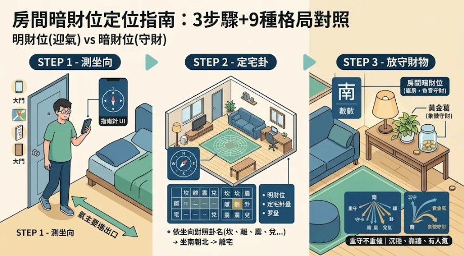 這是一幅解讀「房間暗財位」推算與守財佈局的三步驟資訊插畫。由左至右展示 Step 1 手持手機量測門口坐向、Step 2 依坐向對照卦名（如坐南朝北為離宅），到 Step 3 在房間暗財位擺放黃金葛、聚寶盆與檯燈，強調「重守不重催、沉穩靠牆」的聚財心法。