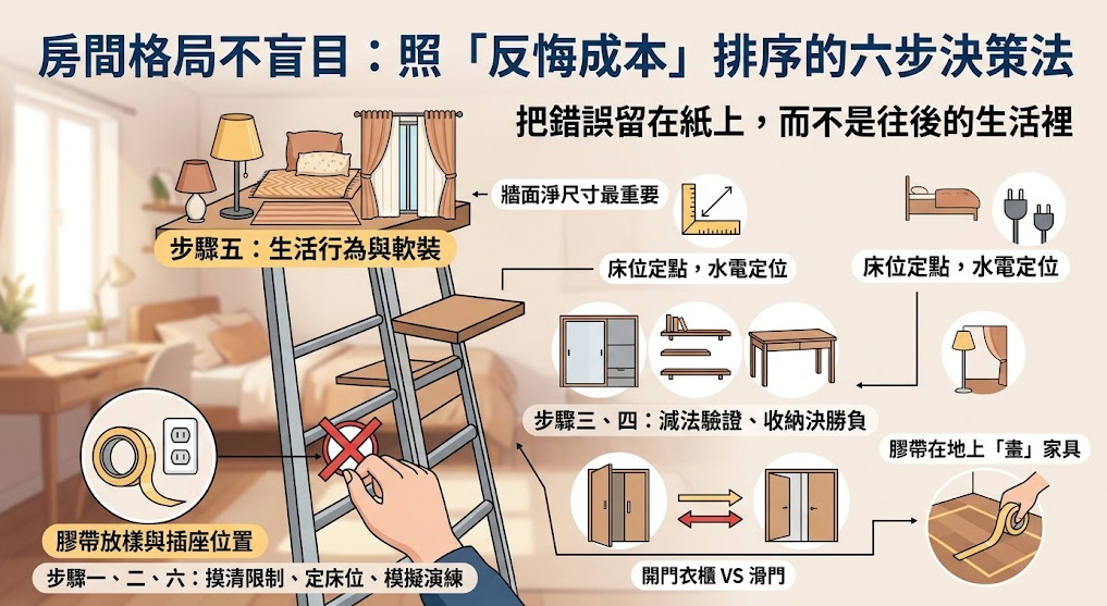 這是一張指導「房間格局」規劃的六步決策法實用圖解。畫面以「把錯誤留在紙上」為核心理念，詳解依據反悔成本高低排序的佈置步驟；圖中生動示範了從摸清空間限制、決定床位水電到收納形式取捨的過程，並特別強調利用紙膠帶在地上實地放樣家具尺寸，幫助讀者在添購軟裝前透過模擬演練找出最舒適的動線配置。