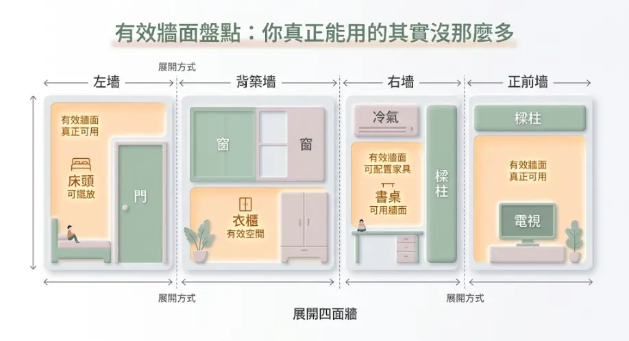 房間格局評估之四大有效牆面盤點與家具配置展開圖