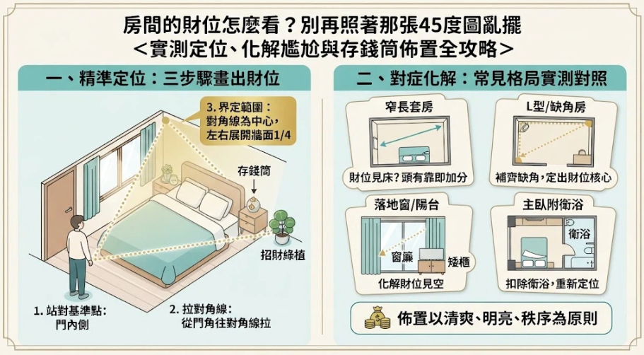 這是一幅解析「房間的財位」實測定位與佈置的綜合攻略圖。畫面左側立體圖示範從門內側拉出對角線、界定牆面四分之一為財位範圍的三大步驟，並建議擺放存錢筒與綠植；右側則針對窄長套房、L型缺角房、落地窗見空與主臥附衛浴等四種常見格局提供實用的化解對策，幫助讀者精準掌握自家臥室的聚財點。