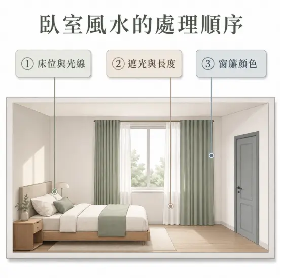 這是一幅釐清臥室佈置邏輯與「房間窗簾顏色風水」決策順位的極簡示意圖。圖中以一間莫蘭迪綠色調的臥室為背景，上方列出三個依序進行的處理步驟：首先必須搞定床位與光線的相對位置，其次是確認窗簾所需的遮光等級與長度尺寸，最後才是進行窗簾顏色的美學與風水挑選，提醒讀者切勿本末倒置，應先滿足空間的基本居住機能再來考量色彩搭配。