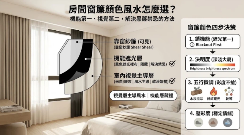 這是一張探討「房間窗簾顏色風水」實務選配的教學圖。畫面左側透過剖面圖解析窗簾結構，示範如何將容易觸犯風水禁忌的黑色遮光層隱藏於靠窗紗簾與室內淺色主導層之間，達到機能與視覺的完美平衡；右側則列出明確的四步決策流程，引導讀者依序從鎖定遮光機能、決定明暗大局、進行五行微調，到最後壓低彩度以穩定睡眠情緒，提供一套科學與風水兼具的挑選指南。