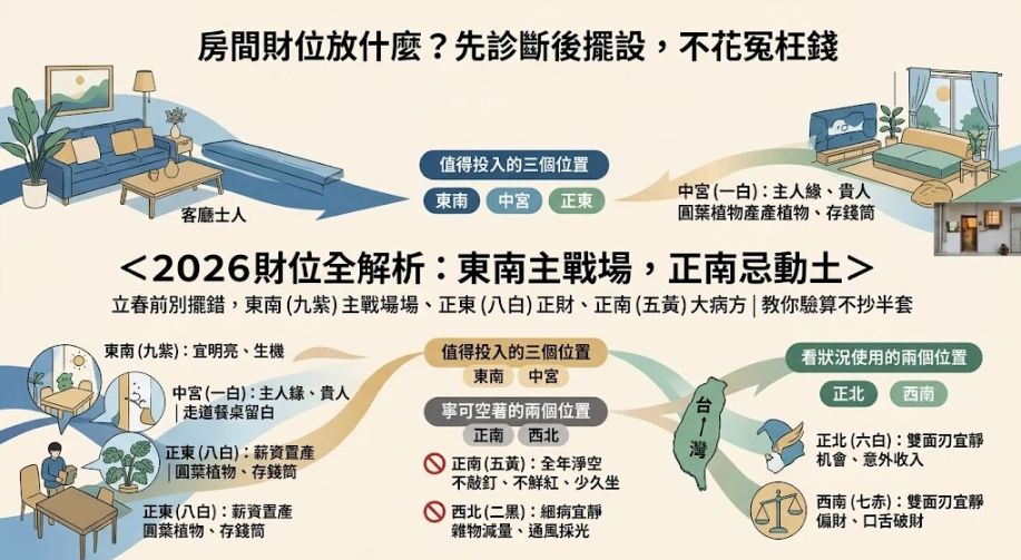 這是一幅解析「房間財位放什麼」與方位診斷的綜合資訊圖。畫面上半部標註東南、中宮、正東為值得投入的三大核心吉位，建議擺放圓葉植物与存錢筒；下半部配合台灣地圖與九宮方位，提醒正南與西北宜淨空避動土，正北与西南需宜靜，引導讀者精準投資擺設不花冤枉錢。