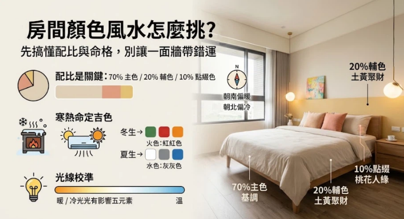 這是一張解析「房間顏色風水」的實景佈置教學圖。畫面右側以一間舒適臥室為例，拆解出70%主色基調、20%輔色聚財與10%點綴色招桃花的黃金色彩比例；左側則搭配圖示，補充了依據冬夏出生的寒熱命格來挑選專屬吉色，並提醒需配合光線冷暖進行視覺校準，引導讀者打造和諧且開運的個人空間。
