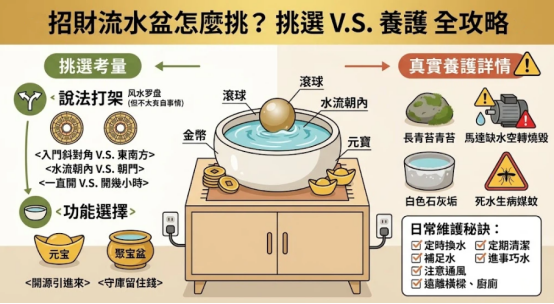 這是一張解析「招財流水盆」挑選與維護的綜合圖解攻略。左側梳理了常見的風水方位與水流朝向等各種派別的說法迷思，中央以滾球流水盆示意標準的招財擺法，右側則直擊馬達空轉燒毀、水垢青苔與孳生蚊蟲等真實養護痛點，並條列出定時換水、清潔與補水等日常維護秘訣，幫助讀者兼顧開運效能與居家衛生。