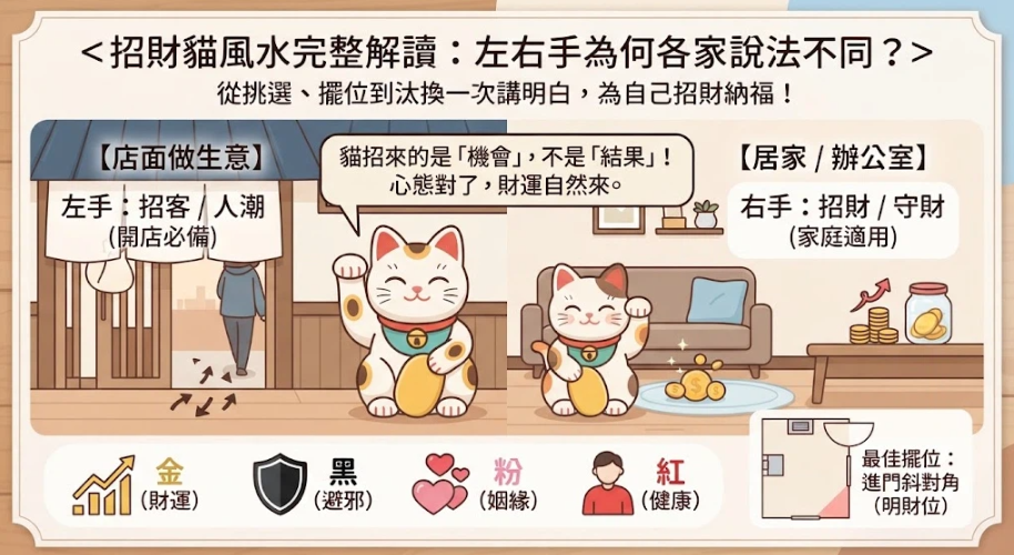 這是一幅解析「招財貓風水」左右手差異與最佳擺位的實用插畫，圖中說明店面做生意適合舉左手的招客貓，居家或辦公室則適用舉右手的守財貓，並搭配金、黑、粉、紅四種顏色代表的運勢意義，最後指引將其擺放於進門斜對角的明財位，幫助讀者建立正確的祈福納氣心態。