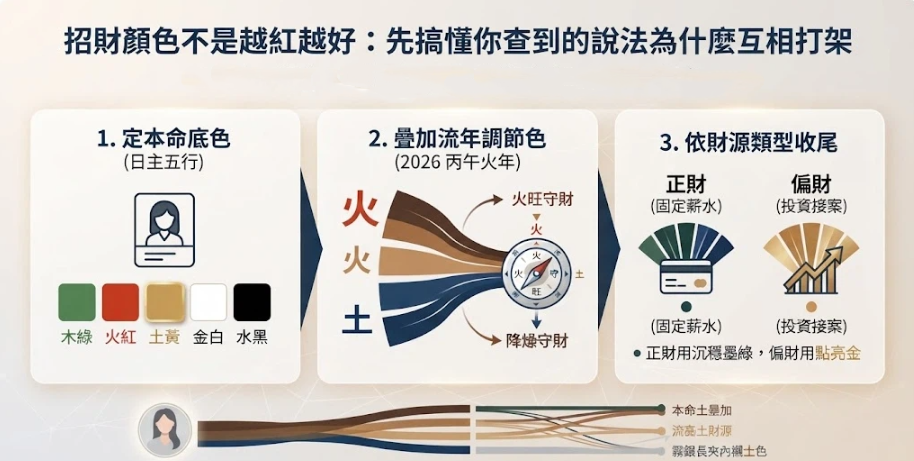 這是一張解析「招財顏色」挑選邏輯的流程圖。畫面將配色拆解為三個步驟：首先依據個人日主五行決定木火土金水等本命底色；接著疊加流年（如2026丙午火年）的調節色來平衡氣場；最後再依據正財（固定薪水）或偏財（投資接案）的財源類型，分別選用沉穩墨綠或點亮金作為收尾，幫助讀者釐清專屬的開運色系。