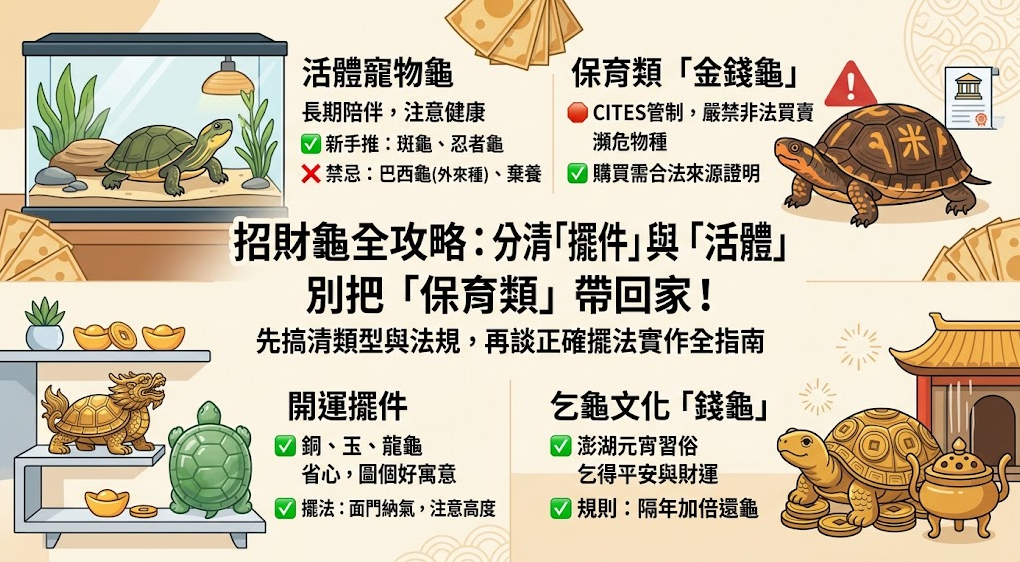 這是一張解析「招財龜」迷思與實作的綜合圖解攻略。畫面分為四個區塊：左上介紹活體寵物龜的飼養建議與禁忌，右上警告切勿觸法購買保育類金錢龜，左下說明銅玉材質等開運擺件需面門納氣的擺法，右下則科普澎湖元宵乞龜文化的傳統習俗，幫助讀者在祈求財運前先釐清正確觀念與法規。