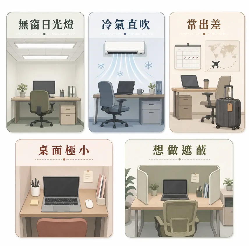 這是一幅輔助評估「適合辦公室的植物」種類的座位環境情境圖。畫面將辦公室常見的特殊條件劃分為五種插畫場景，包含缺乏日照的無窗日光燈、容易導致葉片乾焦的冷氣直吹、無法定期澆水的常出差型態、空間受限的極小桌面，以及需要利用大型盆栽作為視線遮蔽的座位區；透過直觀的分類，提醒讀者買花前務必先認清外在硬體限制，才能對症下藥選對真正養得活的綠色夥伴。