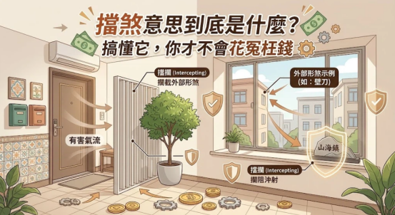 這是一幅解讀「擋煞意思」與居家防護佈局的溫馨插畫。畫面左側展示大門入口處利用屏風與盆栽擋攔外部有害氣流；右側展現窗前擺放山海鎮阻擋外在壁刀衝射，說明「擋煞」即是在關鍵節點攔截煞氣，避開花冤枉錢。