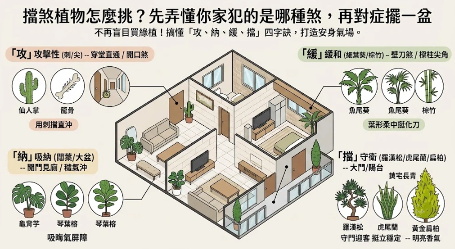 這是一幅解讀「擋煞植物」挑選與擺設的 3D 戶型透視圖。四周詳細分類四大功用：用刺擋直衝的「攻」（仙人掌、龍骨）、吸晦氣的「納」（龜背芋、琴葉榕）、柔中帶剛化刀煞的「緩」（魚尾葵、棕竹）以及鎮宅守衛的「擋」（羅漢松、虎尾蘭、黃金扁柏），指引讀者對症下藥打造安身氣場。