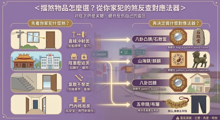 這是一幅解析「擋煞物品」對症對照的紫調資訊圖。畫面左側列出直線衝射（電線桿/壁刀）、陰重壓迫（廟宇/醫院）、氣散不聚（捲簾煞/電梯）與門內格局四大犯煞類別；右側精準對應八卦凸鏡、石敢當、山海鎮、麒麟、八卦凹鏡、五帝錢及布簾等法器，引導讀者依據形煞類型選擇合適物件，避開擺放雷區。