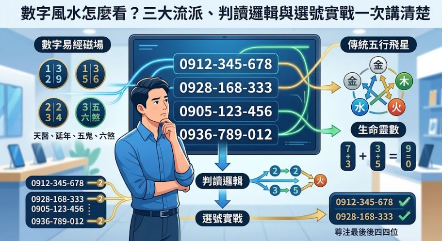 這是一幅解讀「數字風水」選號邏輯的彩圖資訊插畫。畫面中央一名男子正在思考手機號碼組合，左右兩側分別列出「數字易經磁場」（天醫、延年、五鬼等）、「傳統五行飛星」與「生命靈數」三大流派，下方延伸出判讀邏輯與專注末四位的選號實戰指引，幫助讀者通盤掌握揀選幸運號碼的眉角。
