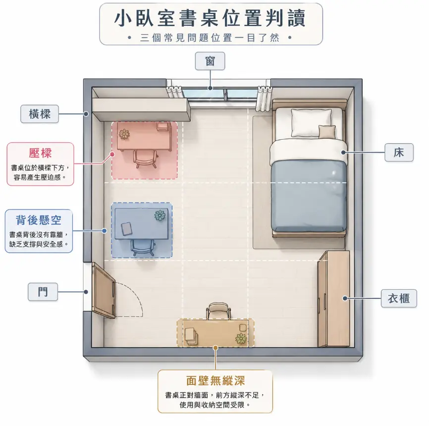 這是一幅解析「書桌風水」常見避諱的小臥室俯視平面圖。畫面直接點出三種容易影響專注力的錯誤擺放位置：包含位於窗邊橫樑下方易產生壓迫感的「壓樑」、座位後方缺乏實牆支撐的「背後懸空」，以及正對牆面導致視覺與收納受限的「面壁無縱深」；透過清晰的顏色區塊與文字標示，引導讀者在規劃房間佈局時，能快速避開這些破壞學習氣場的地雷區。