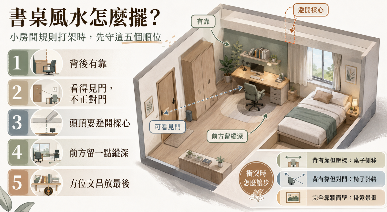 這是一張指導「書桌風水」佈置的立體透視圖。畫面以一間單人臥室為例，詳細列出當空間受限時必須堅守的五大順位：從最重要的背後有靠、視線可及房門，到避開頭頂壓樑與保留前方視線縱深，最後才考量文昌方位；圖卡右下角更貼心提供當規則衝突時的讓步解法，幫助讀者在狹小房間內也能打造出能穩定心神、提升專注力的完美閱讀區。