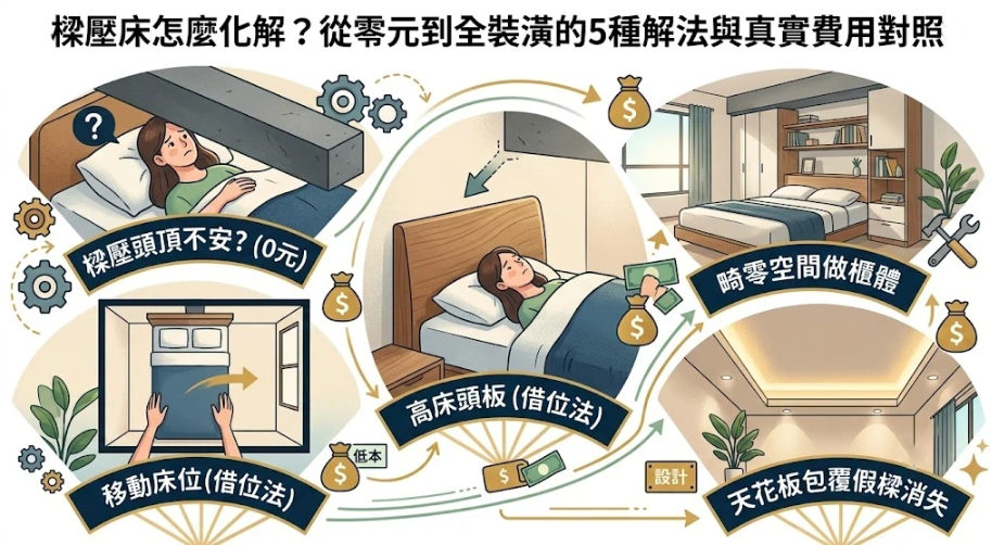 這是一幅解讀「樑壓床」化解策略的環形流程資訊圖。畫面由左至右展示從0元的移動床位（借位法）、低成本的高床頭板，到中高預算的畸零空間訂製櫃體與天花板包覆假樑設計，提供讀者依據預算選擇最適合的臥室避煞解法。