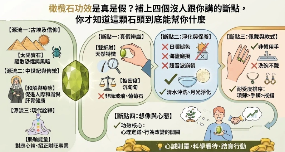 這是一張探討「橄欖石功效」真實性的全方位圖解攻略。畫面左側梳理了古埃及太陽寶石、中世紀療癒傳統到現代心輪能量的歷史源流；右側則詳細拆解四大實務斷點，教導讀者透過雙折射辨識真假、使用清水與月光正確淨化、挑選合適的飾品款式，並強調功效的核心在於心理定錨與踏實行動，協助讀者建立科學且正向的寶石觀念。