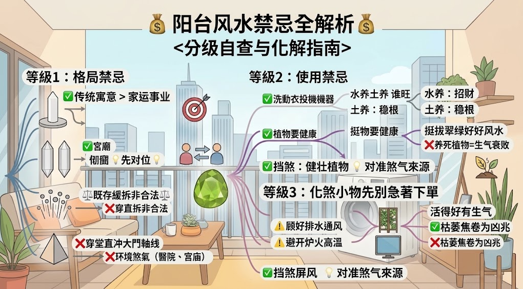 這是一張結合「水晶柱功效」與陽台風水禁忌的綜合化解教學圖。畫面左側特別針對宮廟或醫院等難以更動的外部環境煞氣，示範如何運用單尖、雙尖水晶柱與金字塔來精準對位擋煞；右側則涵蓋了利用健康植栽及屏風化解日常使用禁忌的實務建議，引導讀者正確運用水晶定向能量與軟裝佈置來改善居家氣場。