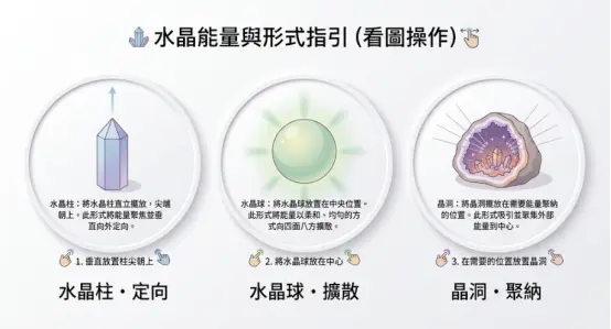 這是一幅幫助釐清「水晶柱功效」與其他水晶形態能量差異的極簡指引圖卡。畫面由左至右清晰展示了三種常見型態的運作原理：將尖端朝上能聚焦並垂直向外定向能量的水晶柱、能將能量溫和且均勻向四周擴散的水晶球，以及負責聚納外部能量到中心的晶洞；圖卡下方並附上直觀的擺放操作提示，幫助讀者依據具體的風水需求選擇最合適的開運物件。