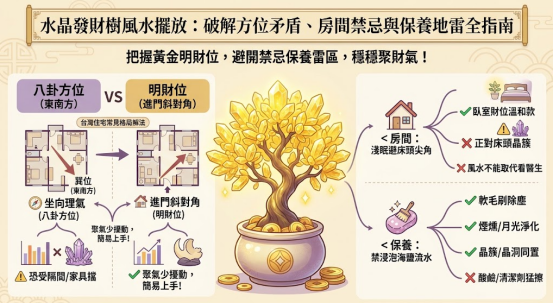 這是一張解析「水晶發財樹風水」擺放與日常保養的綜合教學圖。畫面中央展示一盆璀璨的金黃水晶樹，左側透過格局圖對比，建議優先將其放置於進門斜對角且聚氣的明財位，以避開易受家具阻擋的東南八卦方位；右側則提醒臥室佈置需避開尖銳晶簇直對床頭，並詳解日常應以軟毛刷除塵或月光淨化，嚴禁浸泡海鹽流水或使用酸鹼化學劑猛擦，幫助讀者輕鬆避開風水與養護地雷。