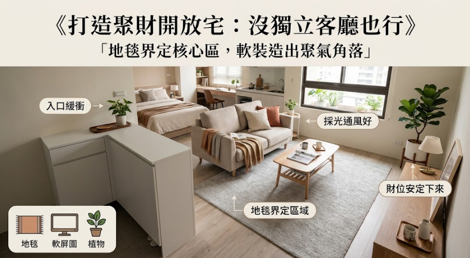 這是一張示範破解「沒有客廳風水」窘境的開放式住宅實景佈置圖。畫面展示在缺乏獨立客廳的套房格局中，如何巧妙利用半高矮櫃作為玄關入口的動線緩衝，並鋪設大面積地毯來明確界定出客廳的核心區域；圖中同時標註了保持採光通風與利用角落植栽安定財位的技巧，教導讀者透過簡單的軟裝手法，在小坪數也能打造出能聚氣招財的獨立客廳感。