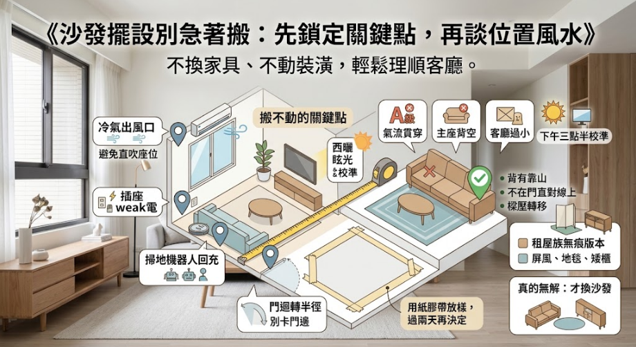 這是一張解析「沙發擺設」實務操作的3D立體解構圖。畫面清楚標示出在移動沙發前必須先鎖定的四大搬不動關鍵點：包含冷氣出風口、插座位置、掃地機器人回充處與門片迴轉半徑；同時點出需避開氣流貫穿與主座背空等A級風水禁忌，並強烈建議利用紙膠帶在地上實際放樣幾天，以最無痛的方式找出最合理的客廳配置。