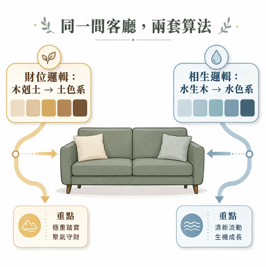 這是一幅解析「沙發顏色風水」流派差異的五行邏輯圖卡。畫面中央以一張綠色(屬木)沙發為例,左右兩側分別展示了不同的運算邏輯:左側為「財位邏輯」,因木剋土,故推演出能帶來穩重與聚氣守財的土色系;右側則為「相生邏輯」,因水生木,故推演出能帶來清新流動與生機成長的水色系。藉此幫助讀者理解同一空間在不同風水考量下,會產生不同的色彩選擇。