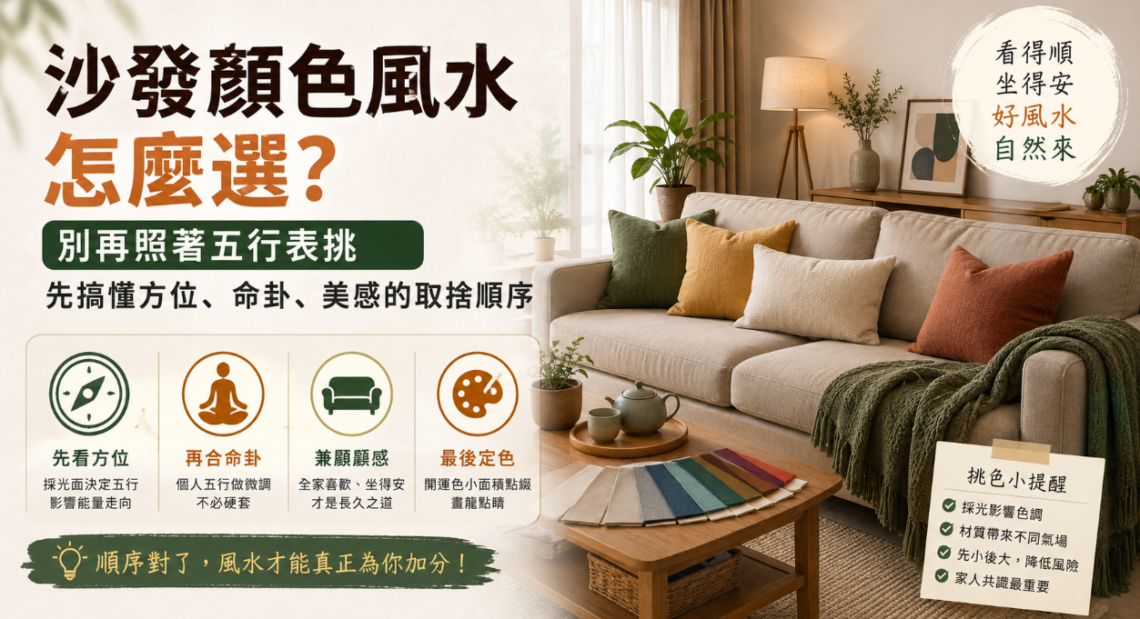 這是一張探討「沙發顏色風水」實務挑選邏輯的客廳佈置教學圖。畫面展示了一張百搭的米色沙發，上面點綴著不同顏色的抱枕；圖卡下方清晰列出四大決策順序：先看採光方位、再參考個人命卦、接著必須兼顧全家人的視覺美感與舒適度，最後才將開運色作為小面積的點綴。引導讀者跳脫死板的五行表，以更生活化且和諧的方式來決定客廳主色調。