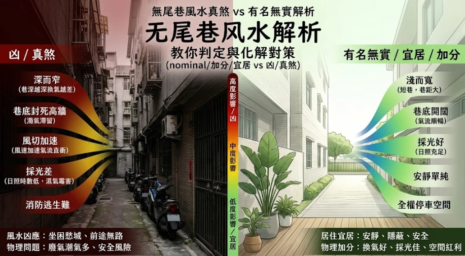 這是一幅解析「無尾巷風水」好壞差異的左右對比插畫。左側展示「真煞/凶」格局，列出深窄巷道、高牆封頂、採光差及風切直衝等缺點；右側展示「宜居/加分」格局，強調淺寬巷道、採光充足與安靜安全等優點，中間搭配影響等級評量，引導讀者理性判定死胡同格局。