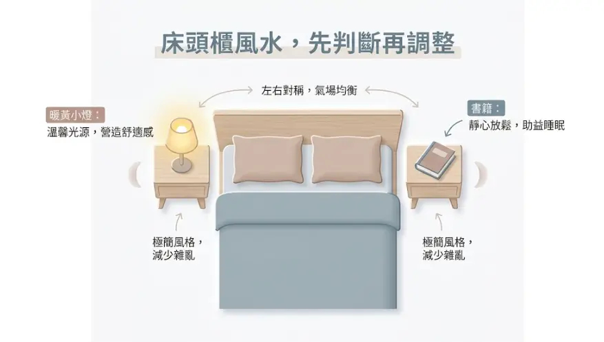 這是一幅示範優質「床頭櫃風水擺設」原則的俯視示意圖卡。圖中以雙人床為中心,兩側配置了成對的木質床頭櫃以確保空間氣場均衡;畫面特別標示在檯面上擺放暖黃小燈來營造溫馨舒適感,或是放置書籍幫助靜心放鬆,引導讀者掌握極簡與減少雜亂的核心概念,輕鬆打造出有助於安穩入眠的休憩環境。