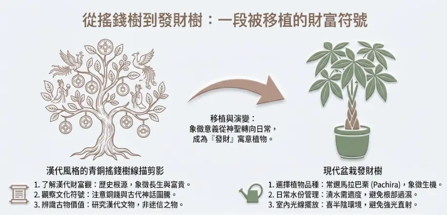 這是一幅幫助讀者在探究「發財樹開花風水」前，先釐清其文化脈絡的歷史演變圖卡。畫面左側展示了象徵長生與富貴的漢代青銅搖錢樹線條剪影，透過箭頭引導至右側現代熟知的發財樹盆栽，並於下方詳細對比了兩者的歷史根源、神話圖騰與日常水份光線的養護重點，精要地解說了這個財富符號是如何從神聖信仰轉化為日常的風水植栽。