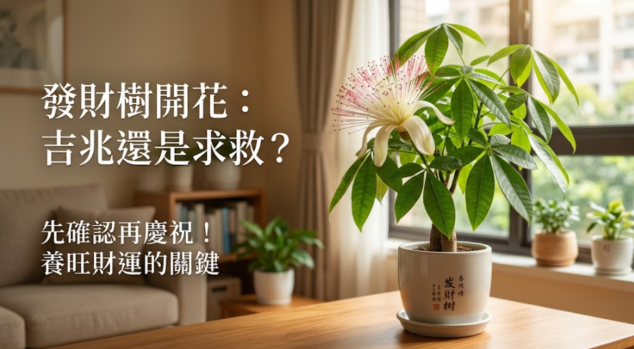 這是一張探討「發財樹開花風水」的居家實景照片。畫面中央擺放著一盆罕見開出美麗放射狀花苞的馬拉巴栗盆栽，旁邊搭配著醒目的文字，提醒讀者在開心慶祝這份財富吉兆之前，應先確認植物是否因環境壓力而開花求救，帶出唯有正確養護才能真正催旺居家財運的關鍵風水觀念。