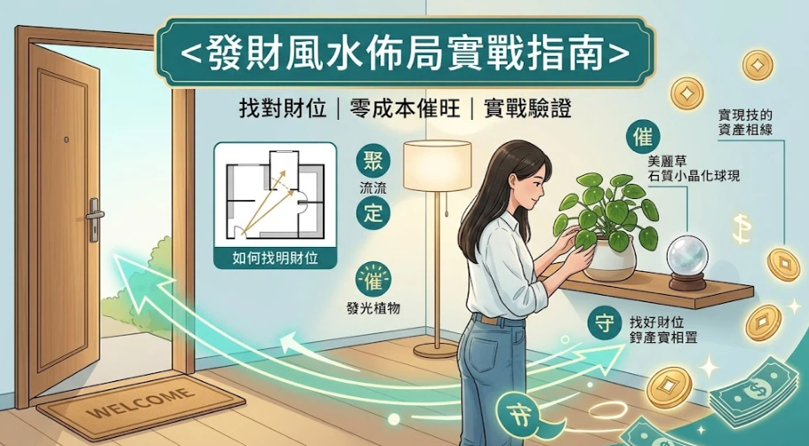 這是一幅解讀「發財風水」居家佈局的溫馨情境插畫。畫面左側展示大門氣流引導與明財位對角線尋找圖解；右側一位女子在客廳財位擺放綠植（發財樹/鏡面草）與水晶球，標註「聚、催、守」三大要領，指引讀者以零成本與好氣場打造招財進寶的家居環境。