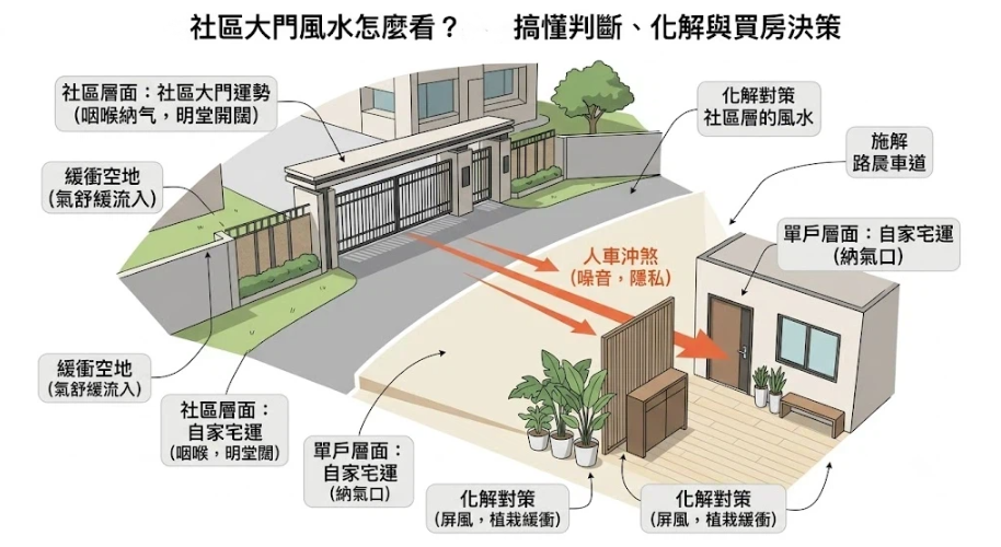 這是一幅解析「社區大門風水」的空間架構插畫。畫面左上方展示社區大門（明堂開闊、咽喉納氣）與兩側緩衝空地；右下方展示自家住戶面對社區車道或大門產生的「人車衝煞」，並示範如何利用玄關櫃、屏風與植栽作為化解對策，引導讀者評估社區與單戶的風水層面。