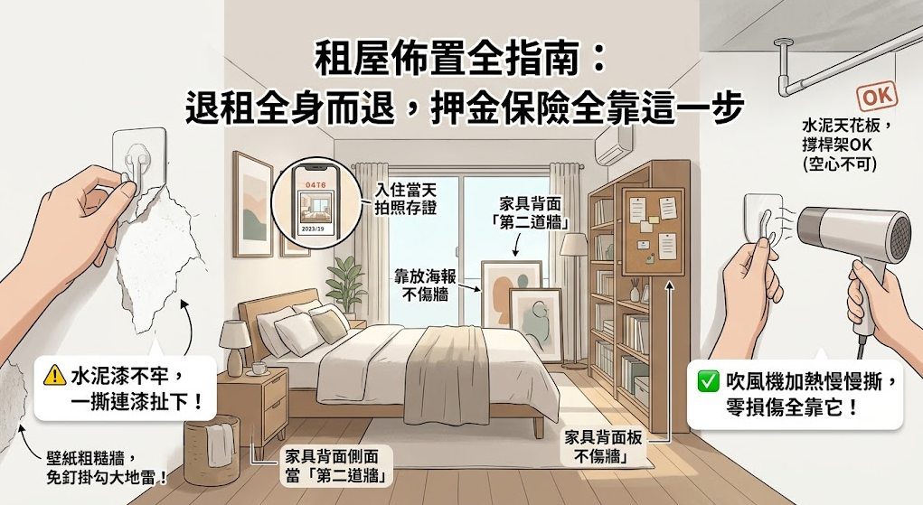 這是一張專為租屋族設計的「房間擺設」無痕防雷指南。畫面詳細圖解了如何利用吹風機加熱來安全移除免釘掛勾以防水泥漆剝落，並巧妙建議將海報與畫作直接靠放於牆角或傢俱背面當作裝飾，教導讀者在美化空間的同時保護牆面，確保未來能完整無損地順利拿回押金。