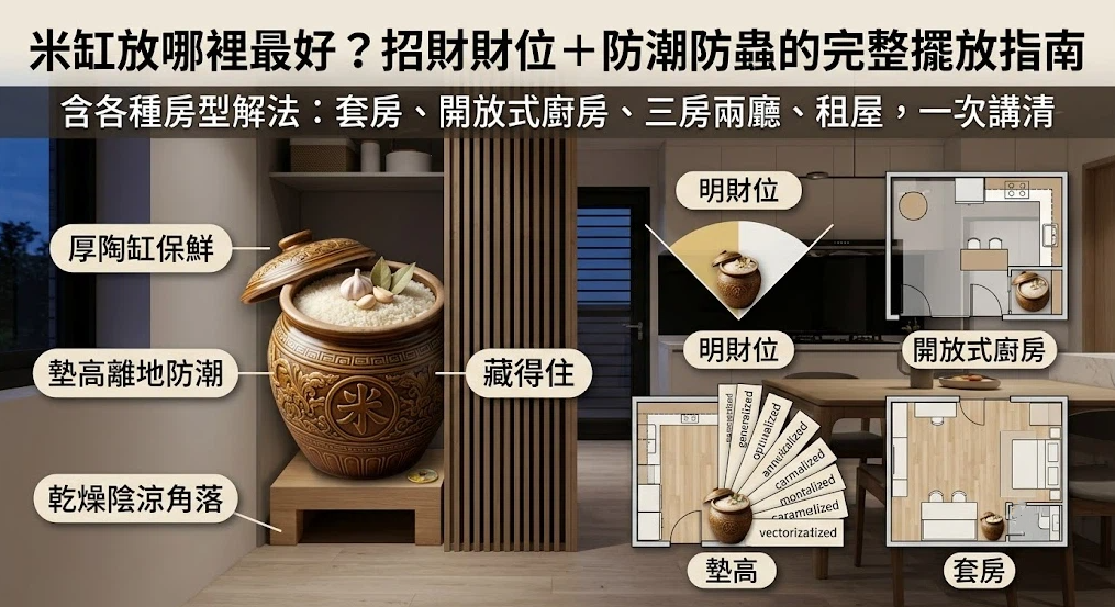 這是一幅解讀「米缸放哪裡最好」的實用居家擺放情境圖。左側特寫一個擺在木架上防潮保鮮的傳統厚陶缸，並標註乾燥陰涼角落與隱蔽收納等原則；右側搭配開放式廚房與套房等不同房型的戶型平面圖，示範如何將米缸精準擺放在明財位，達到聚財與防潮效果。
