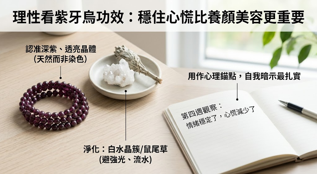 這是一張倡導理性看待「紫牙烏功效」的實物解說圖。畫面左側展示了一條深紫透亮的天然紫牙烏手鍊，並建議搭配白水晶簇或鼠尾草進行淨化以避開強光與流水；右側則透過筆記本文字，引導讀者將水晶視為穩定心慌的心理錨點，強調自我暗示與情緒覺察比單純的養顏美容迷思更為實在且重要。