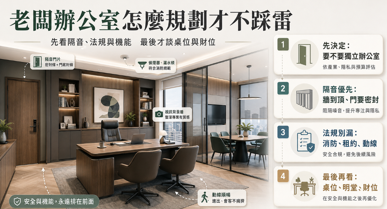 這是一張解析「老闆辦公室」裝修與風水規劃的實景教學圖。畫面以一間具備高質感視訊背景牆的獨立主管室為例，詳細標註了隔音門片、消防設備與順暢動線等硬體細節；圖卡右側列出不踩雷的四大決策步驟，強調在探討明堂與財位等風水佈局前，必須先評估獨立空間需求，並優先解決隔音隱私與消防法規問題，引導企業主以安全機能為基礎來打造理想的辦公環境。