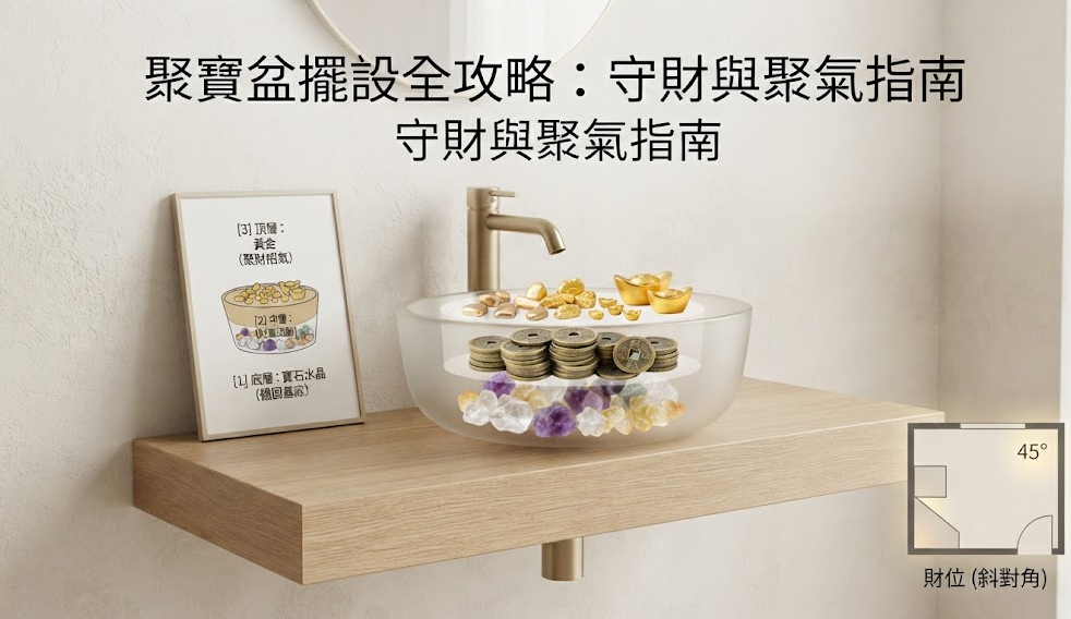 這是一張解析「聚寶盆風水」守財與聚氣秘訣的 3D 透視圖。畫面中央展示一個透明聚寶盆，內部由下至上剖析為寶石水晶（穩固基底）、銅錢（財富圓滿）與黃金（聚財招氣）三層結構，左側配有說明畫框，右下角則附帶大門 45 度斜對角的明財位平面圖，引導讀者精準掌握招財物件的擺設要領與層次邏輯。