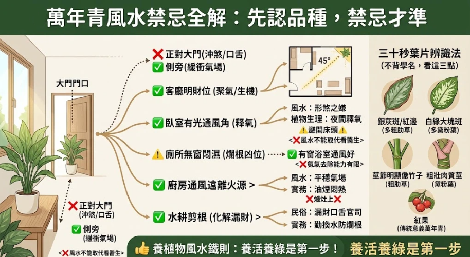 這是一張統整「萬年青風水禁忌」與空間佈置指南的綜合資訊圖。畫面左側與中央詳細列出玄關大門、客廳明財位、臥室、衛浴及廚房等五大區域的正確擺放建議與避雷重點，例如切勿正對大門沖煞或靠近爐灶；右側則貼心附上三十秒快速辨識相似植物品種的圖文教學，幫助讀者選對植栽並放對位置以活絡居家氣場。