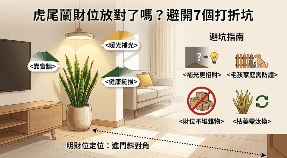 這是一幅解析「虎尾蘭財位」擺放細節與避坑指南的客廳實景插畫。畫面左側標示從進門斜對角找出明財位，並建議虎尾蘭需靠實牆、保持挺拔且以暖光補光；右側列出防破財的避坑提醒，包含陰暗處需補光、注意毛孩防護、忌堆積雜物與及時汰換枯萎植株，教導讀者正確維護招財氣場與植物健康。