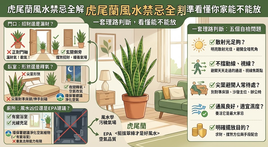 這是一張詳解「虎尾蘭風水禁忌」的綜合攻略圖。畫面左側列舉大門、臥室與浴廁的常見擺放地雷，特別提醒避開正對門軸截氣與尖葉對床等形煞；右側則提供五大自我檢測問題，包含確認散射光、避開人常待處與評估通風濕度，引導讀者以客觀理路判斷家中環境是否真正適合安放此盆栽。