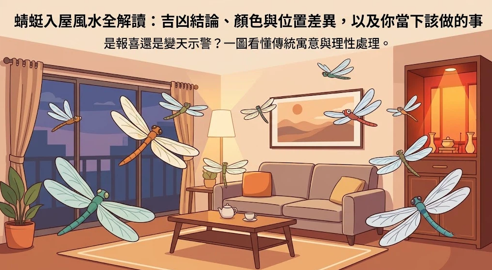 這是一幅解讀「蜻蜓入屋風水」傳統寓意與情境的彩色插畫。溫馨的客廳與神明桌區域內，多隻不同顏色（紅、綠、黃）的蜻蜓在空中飛舞，主標題帶出是「吉祥報喜」還是「變天示警」的雙重意境，引導讀者結合顏色、停棲位置與氣候變化，理性看待蜻蜓飛入居所的現象。