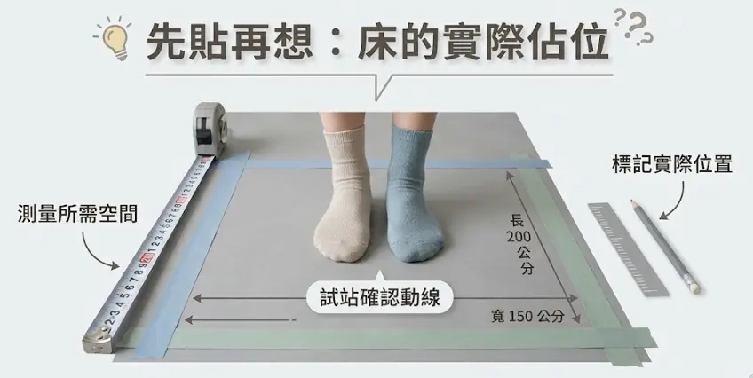 這是一幅輔助規劃「床的位置」的空間測量實作圖卡。畫面展示在地板上利用有色紙膠帶貼出長200公分、寬150公分的床墊實際佔地範圍,四周放置了捲尺與鉛筆等標記工具;圖中特別強調「先貼再想」的觀念,鼓勵讀者親自站在放樣區域內感受空間比例並測試日常走動的動線,幫助大眾在購買床架前精準掌握臥室的空間尺度。