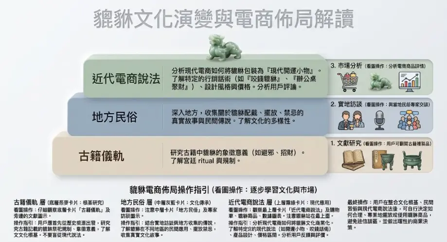 這是一張「貔貅」全方位解析圖，採用層級結構展示其從古至今的演變與市場。最底層深入古籍儀式研究其象徵意義和宮廷 ritual；中層收集地方民俗民間傳說和禁忌故事；最上層分析近代電商營銷話術、設計與市場布局。底部詳細列出了各層級的看圖操作和操作指引，教導如何逐步學習文化與市場布局，避免迷信誤區。