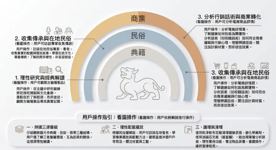 這是一幅幫助釐清「貔貅功效」來源的同心圓結構圖。畫面以一尊白描貔貅為核心,由內而外展現出典籍、民俗與商業三個階段的文化層面,並在版面四周與下方條列了詳細的實務操作指引,教導讀者如何理性辨識這三層級的資訊,進而建立不迷信的配戴觀念與正確的日常護理方式。