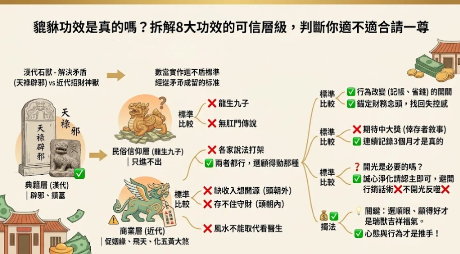 這是一張系統化拆解「貔貅功效」真偽的邏輯分析圖。畫面將貔貅的作用演變劃分為漢代典籍辟邪、民俗信仰只進不出，以及近代商業行銷三大層級，並透過具體的對比指標，破除盲目期待中大獎或必須開光等迷思，引導讀者認知到回歸誠心與自身財務行為的改變，才是最真實的招財推手。