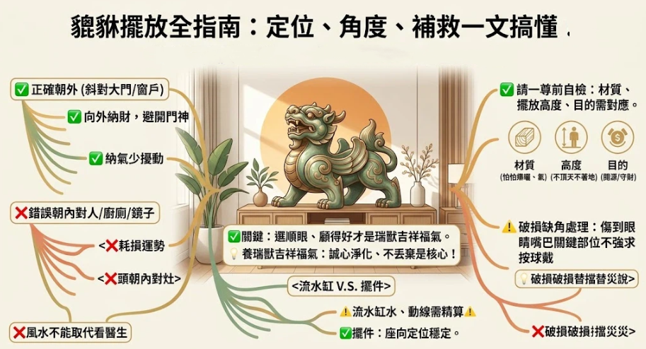 這是一張詳解「貔貅擺放」細節的實戰指南圖。畫面中央展示安置於客廳木櫃上的神獸，左側明確標示出貔貅頭部必須正確朝向大門或窗戶以向外納財，嚴防朝內對著人、鏡子或廚衛等錯誤佈局；右側則補充了請供前的高度與材質自檢，以及面對眼睛或嘴巴等關鍵部位破損時的正確補救觀念，教導讀者建立完善的安放與照護邏輯。