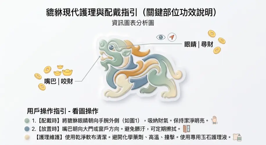 這是一幅輔助說明「貔貅擺放」與日常配戴護理的重點圖卡。畫面以多彩的貔貅平面圖為核心,特別點出其「眼睛尋財、嘴巴咬財」的部位功效;圖卡下方提供具體的操作步驟,提醒讀者手環佩戴時眼睛需朝手腕外側、定點放置時嘴巴要朝向門窗,並強調需避開化學藥劑與碰撞,透過正確的清潔護理來維持招財瑞獸的潔淨與靈氣。